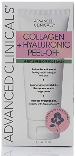 Advanced Clinicals Collagen   Hyaluronic Acid Anti-Aging Peel-Off Face Mask Hydrating, Tightening, Firming Vegan Peel Off Face Masks Smooth Wrinkles & Pores, Even Skin Tone (3.4oz)