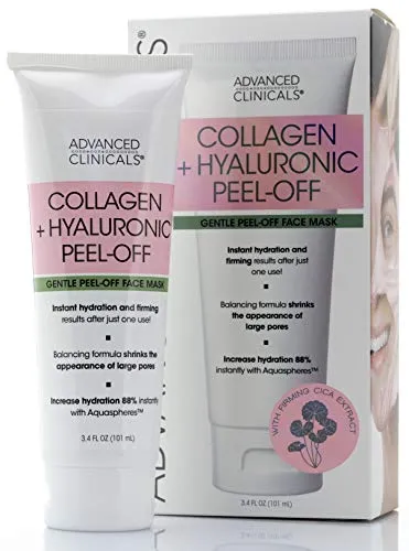 Advanced Clinicals Collagen   Hyaluronic Acid Anti-Aging Peel-Off Face Mask Hydrating, Tightening, Firming Vegan Peel Off Face Masks Smooth Wrinkles & Pores, Even Skin Tone (3.4oz)