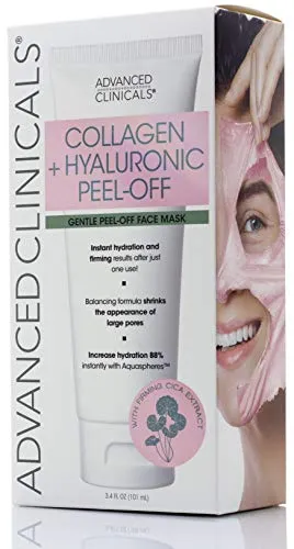 Advanced Clinicals Collagen   Hyaluronic Acid Anti-Aging Peel-Off Face Mask Hydrating, Tightening, Firming Vegan Peel Off Face Masks Smooth Wrinkles & Pores, Even Skin Tone (3.4oz)