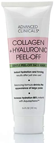 Advanced Clinicals Collagen   Hyaluronic Acid Anti-Aging Peel-Off Face Mask Hydrating, Tightening, Firming Vegan Peel Off Face Masks Smooth Wrinkles & Pores, Even Skin Tone (3.4oz)