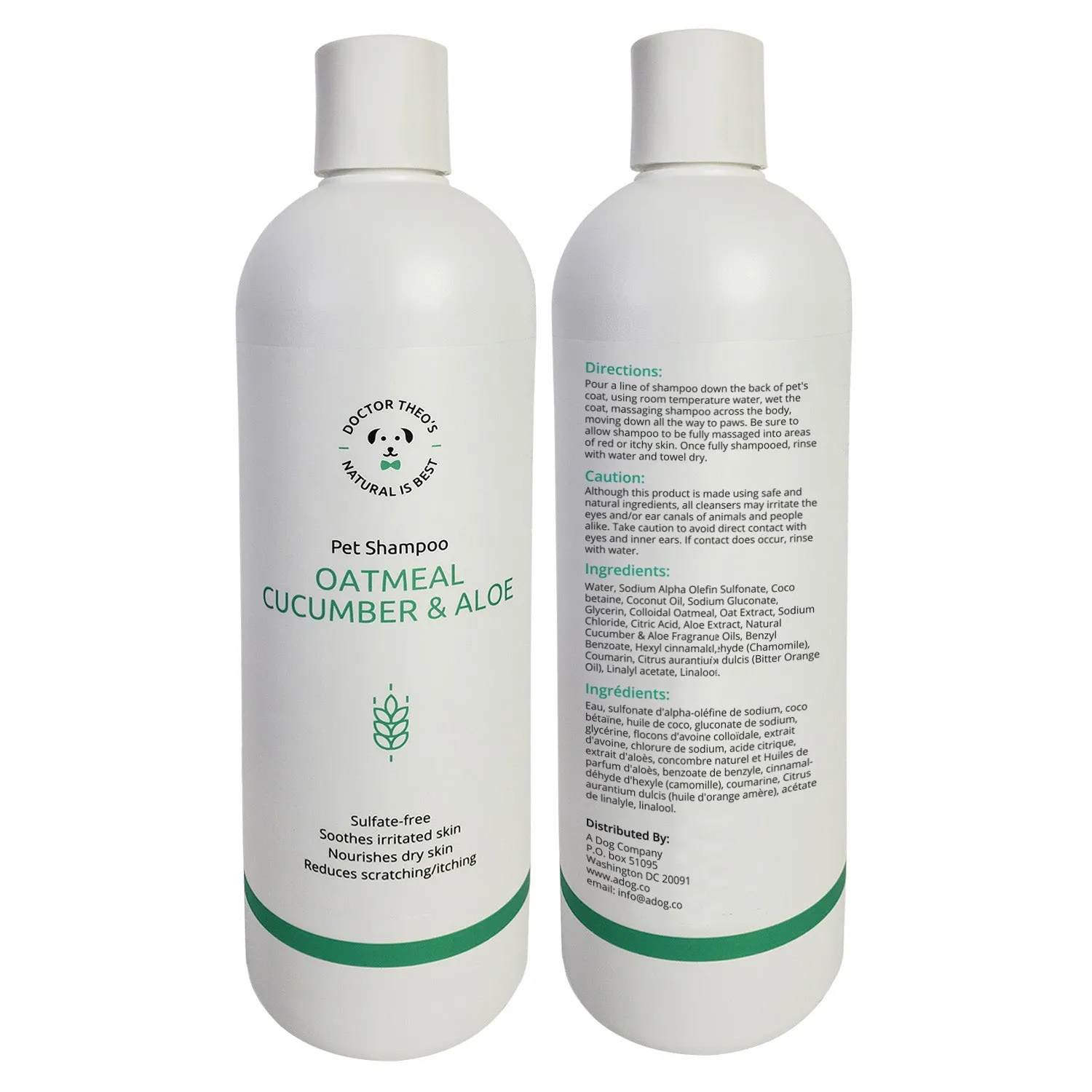 Dr. Theo's Dog SHAMPOO - Oatmeal, Cucumber & Aloe - 16 oz (2-Pack)