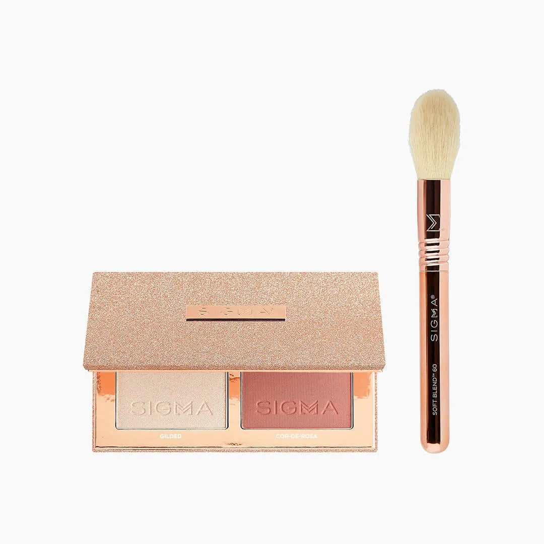 Sigma Beauty Rose Glow Cheek Duo - Highlighter and Blush with Travel Brush